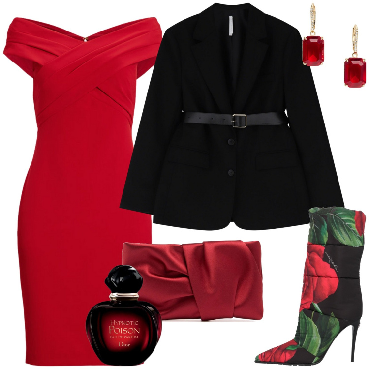 Outfit donna - Hypnotic/rosso rubino. Stile Sexy per Serata fuori. Abbinamento con stivaletti, profumi, blazer, orecchini, vestiti, pochette.