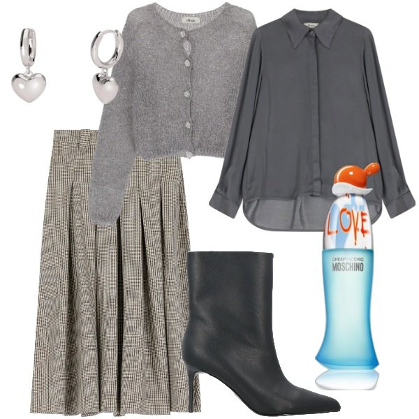 Outfit donna - Serata fuori. Stile Glamour per Ufficio. Abbinamento con stivaletti, profumi, orecchini, cardigans, camicie, gonne lunghe.