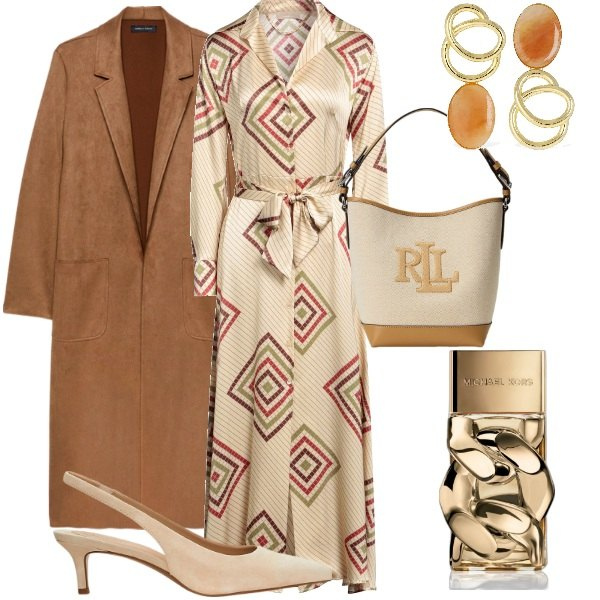 Outfit donna - Serata fuori. Stile Glamour per Serata fuori. Abbinamento con vestiti lunghi, profumi, décolleté, borse a secchiello, trench, orecchini.