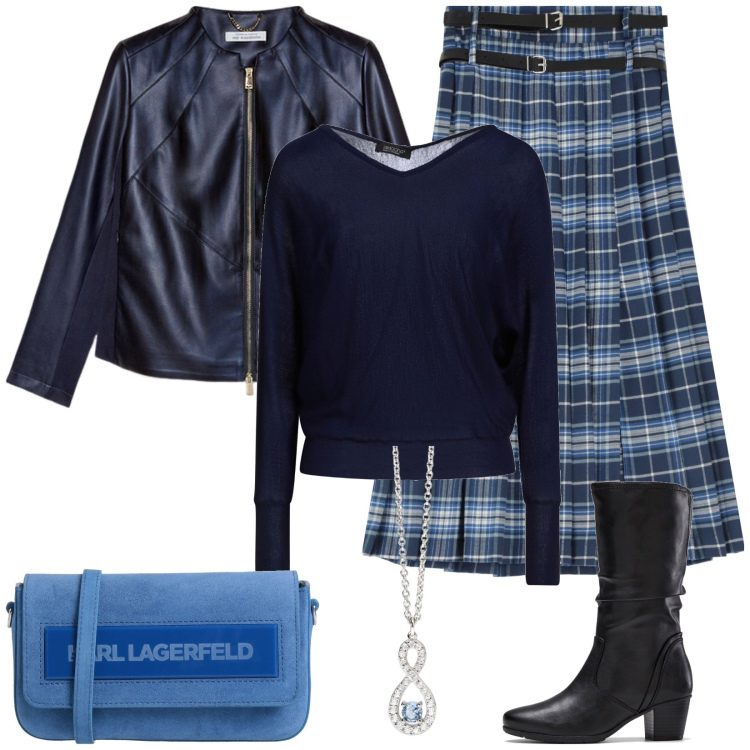 Outfit donna - Kilt lungo. Stile Glamour per Tutti i giorni. Abbinamento con stivali, pullovers, borse a tracolla, ciondoli, gonne lunghe, blazer.