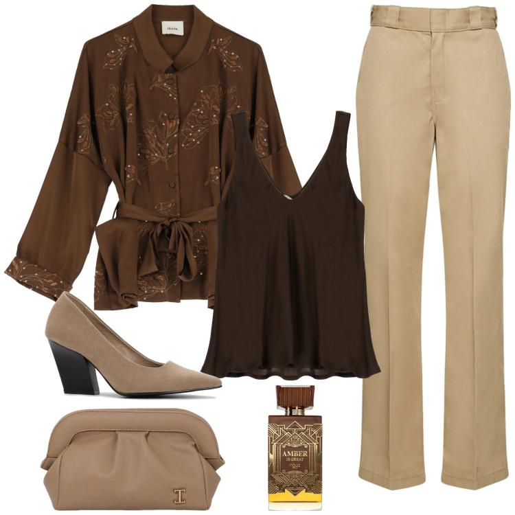 Outfit donna - I colori dell\' ambra. Stile Glamour per Tutti i giorni. Abbinamento con décolleté, profumi, borse a mano, top, blazer, pantaloni.