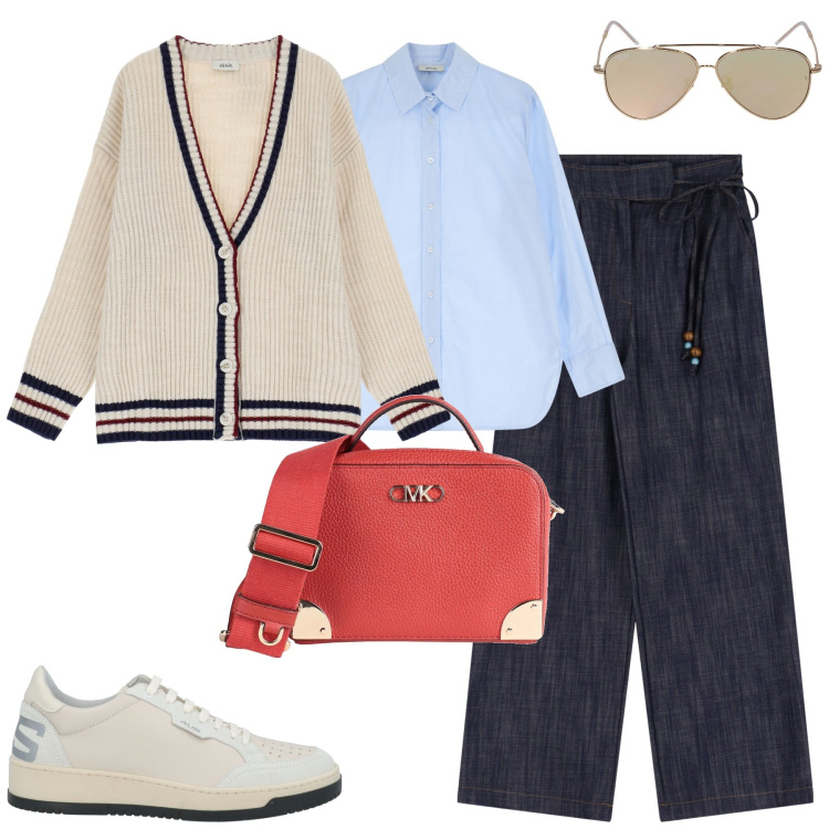 Outfit donna - Sabato mattina. Stile Casual chic per Tutti i giorni. Abbinamento con borse a tracolla, sneakers, camicie, pantaloni, cardigans, occhiali da sole.