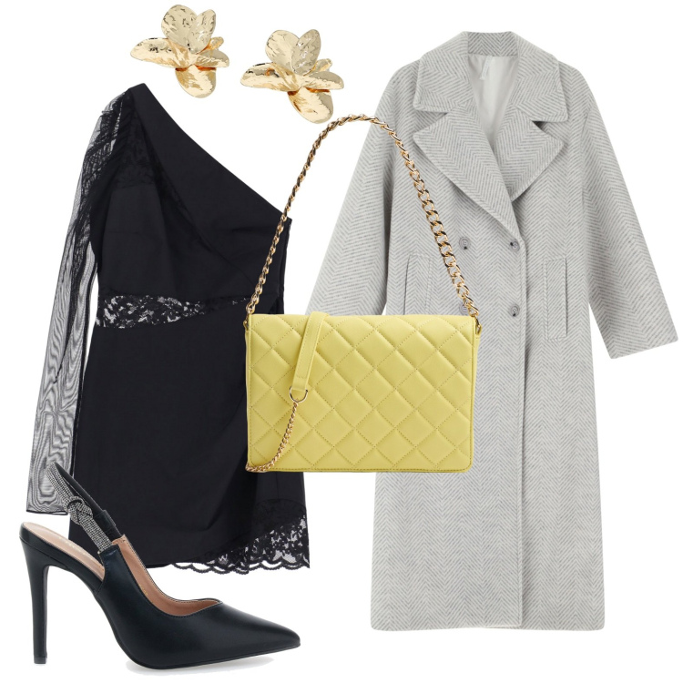 Outfit donna - Abiti asimmetrici. Stile Chic per Serata fuori. Abbinamento con borse a tracolla, cappotti, vestiti asimmetrici, orecchini, décolleté.