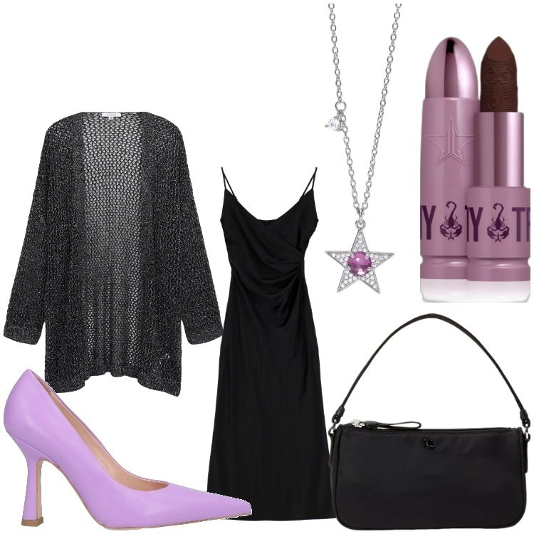 Outfit donna - Nero e lilla. Stile Chic per Serata fuori. Abbinamento con décolleté, rossetti, kimono, collane, vestiti midi/longuette, pochette.