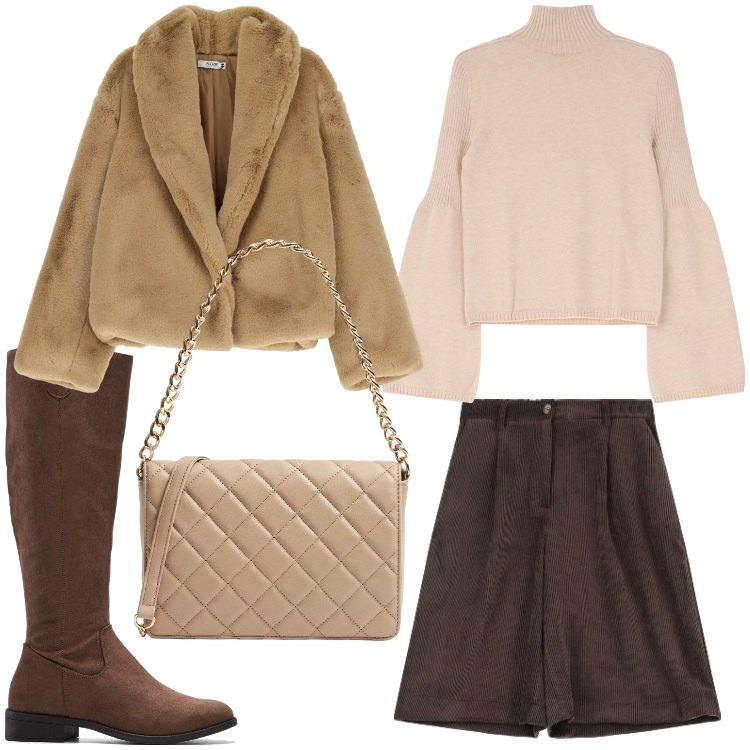 Outfit donna - Shorts da sera. Stile Casual chic per Serata fuori. Abbinamento con stivali, borse a tracolla, ecopellicce, maglieria, bermuda.