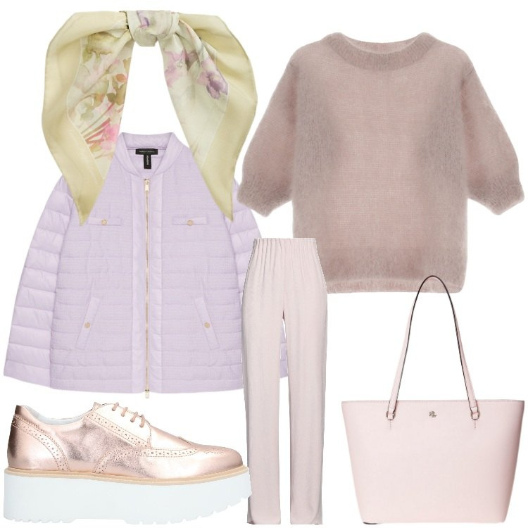 Outfit donna - Pensieri lilla. Stile Sporty chic per Ufficio. Abbinamento con pantaloni, scarpe stringate, maglieria, borse tote, foulard, piumini.