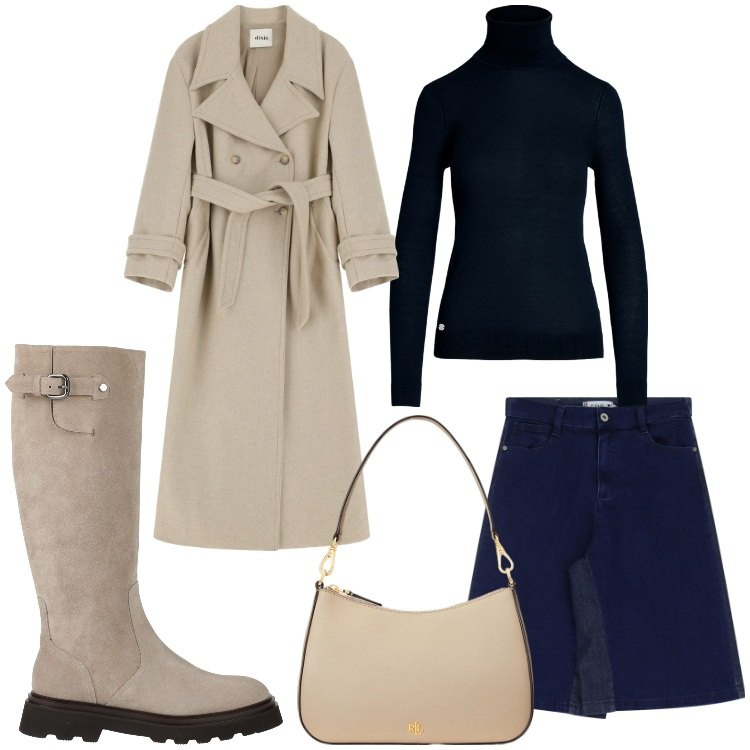 Outfit donna - sabbia e blu. Stile Casual chic per Serata fuori. Abbinamento con stivali, bermuda, trench, borse a spalla, maglieria.