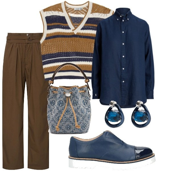 Outfit donna - Aspettando la primavera. Stile Casual chic per Tutti i giorni. Abbinamento con mocassini, maglieria, camicie, pantaloni, orecchini, borse a secchiello.