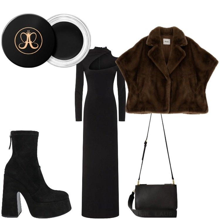 Outfit donna - Sofisticata. Stile Chic per Serata fuori. Abbinamento con stivaletti, ombretti, borse a tracolla, blazer, vestiti lunghi.