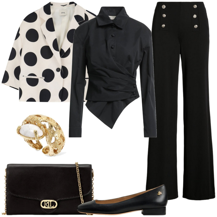 Outfit donna - Total look #2067104. Stile Glamour per Serata fuori. Abbinamento con camicie, blazer, borse a tracolla, pantaloni, ballerine, anelli.