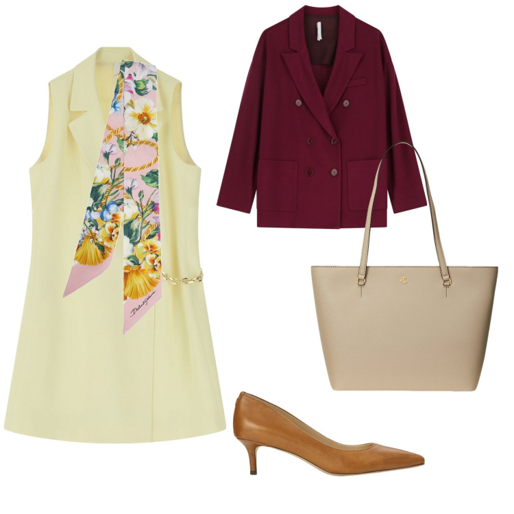 Outfit donna - Ufficio. per Ufficio. Abbinamento con vestiti corti, blazer, décolleté, borse tote, foulard.