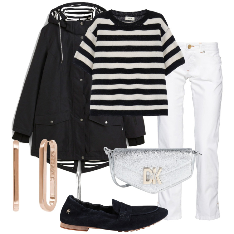 Outfit donna - Weekend. Stile Casual per Tutti i giorni. Abbinamento con blazer, pantaloni, borse a tracolla, mocassini, orecchini, maglieria.