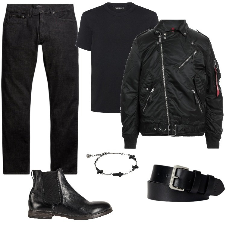Outfit uomo - Semplice Total Black. Stile Biker Rock per Serata speciale. Abbinamento con giacche, stivali e stivaletti, braccialetti, cinture, jeans, t-shirt.