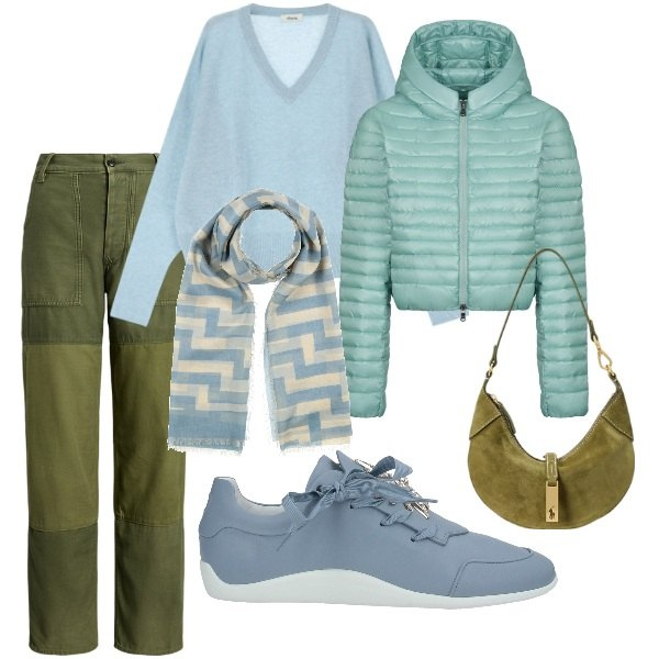 Outfit donna - Total look #2067113. Stile Sporty chic per Tutti i giorni. Abbinamento con sciarpe, sneakers, pullovers, pantaloni, borse a spalla, piumini.