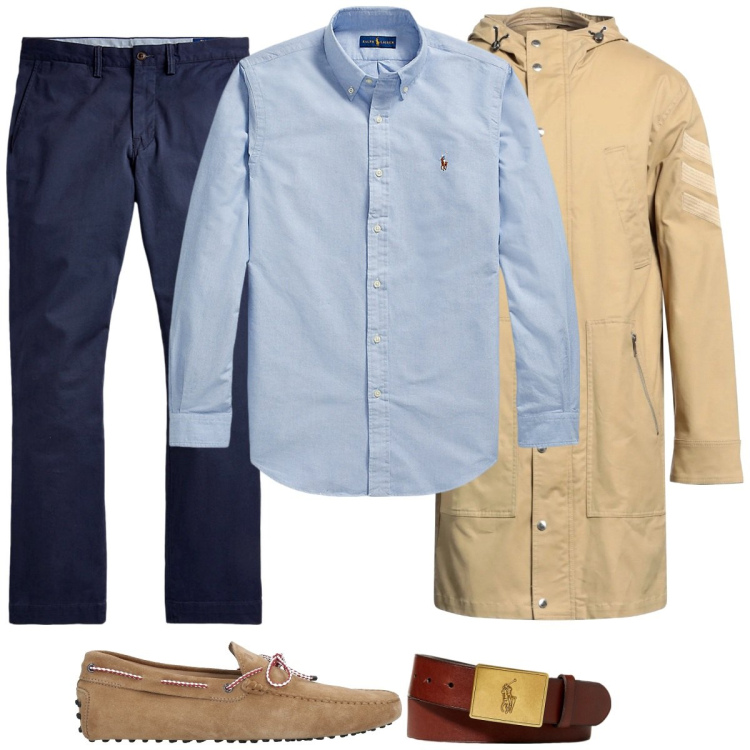 Outfit uomo - Business informale. Stile Business/Elegante per Ufficio. Abbinamento con scarpe stringate, trench, camicie, pantaloni, cinture.
