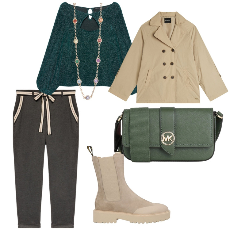 Outfit donna - Ci vediamo per un caffè. per Tutti i giorni. Abbinamento con borse a tracolla, stivaletti chelsea, collane, trench, pantaloni chino, t-shirt.