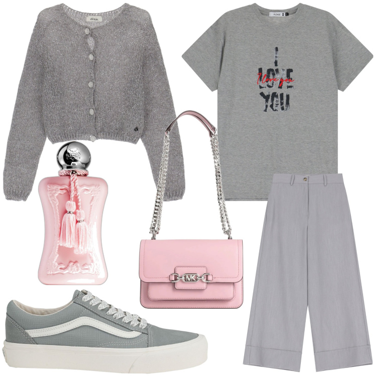 Outfit donna - Rosa e argento. Stile Sporty chic per Tutti i giorni. Abbinamento con borse a spalla, sneakers, profumi, t-shirt, cardigans, pantaloni a palazzo.