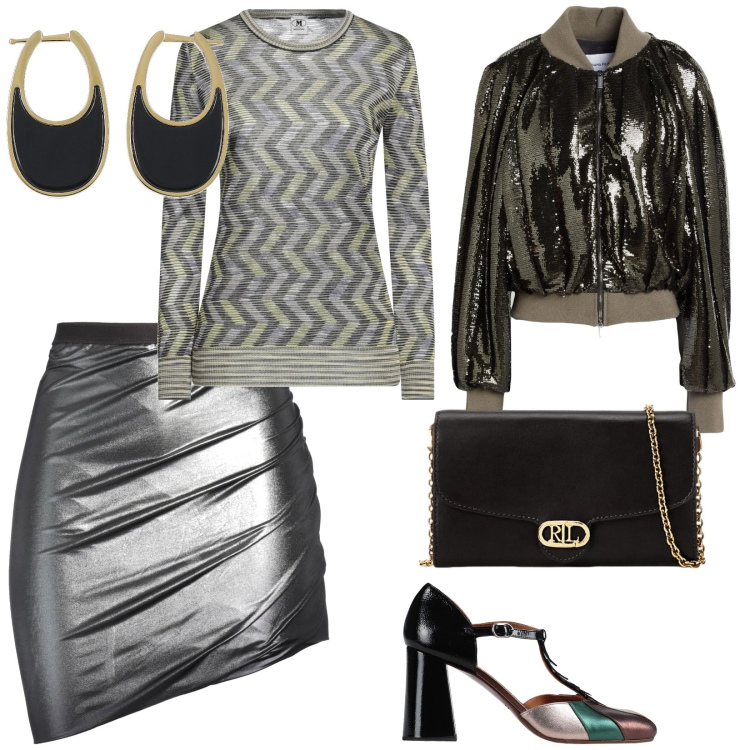 Outfit donna - Serata splendente. per Serata fuori. Abbinamento con pullovers, minigonne, décolleté, blazer, borse a tracolla, orecchini.