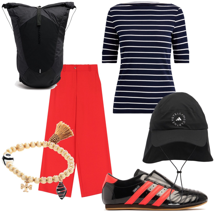 Outfit donna - Bella marinaretta. Stile Casual chic per Mare. Abbinamento con braccialetti, pantaloni a palazzo, maglieria, zaini, sneakers, cappelli.