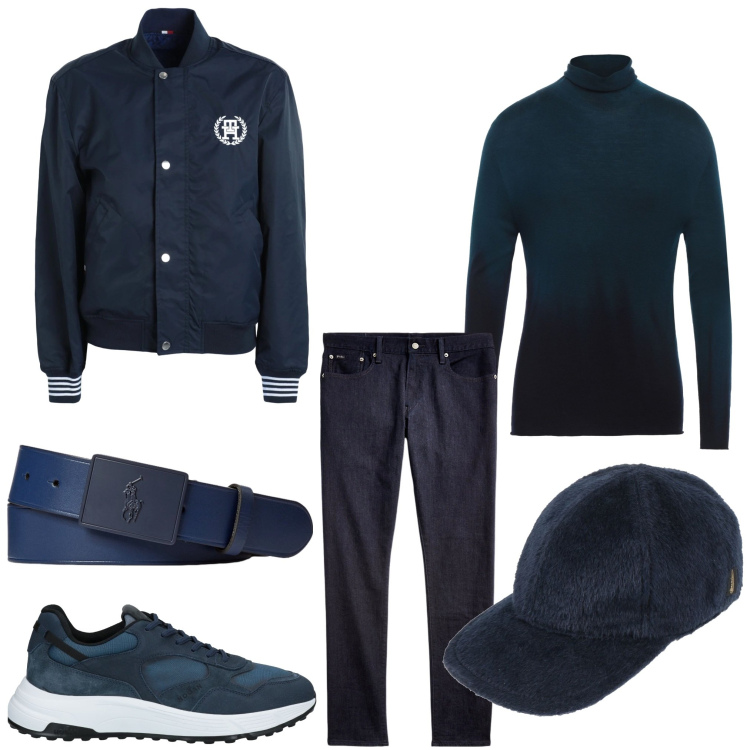 Outfit uomo - Blu casual. Stile Casual per Tutti i giorni. Abbinamento con cappelli con visiera, giacche, sneakers, maglieria, jeans, cinture.