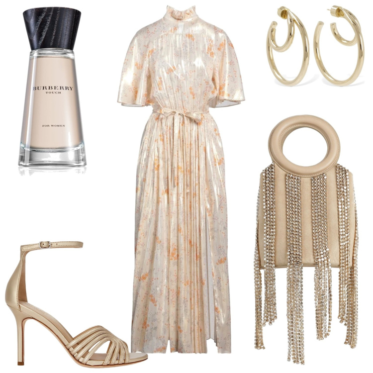 Outfit donna - La serata dorata. Stile Glamour per Serata fuori. Abbinamento con vestiti lunghi, borse a secchiello, profumi, sandali in pelle, orecchini.
