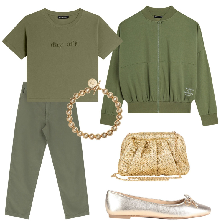 Outfit donna - Tonalità pastello. Stile Casual per Serata fuori. Abbinamento con ballerine, clutch, felpe, t-shirt, braccialetti, pantaloni.