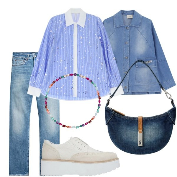 Outfit donna - A spasso per la città. Stile Sporty chic per Tutti i giorni. Abbinamento con scarpe stringate, collane, camicie, blazer, borse a spalla, jeans dritti.