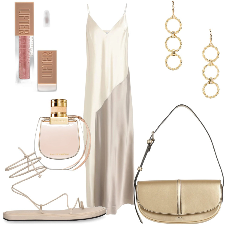 Outfit donna - Pranzo nel giardino di casa. Stile Glamour per Tutti i giorni. Abbinamento con borse a mano, vestiti lunghi, gloss, profumi, orecchini, sandali in pelle.