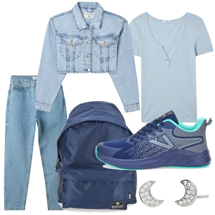 Outfit donna - Tonalità pastello. Stile Casual per Scuola/Università. Abbinamento con jeans mom, t-shirt, blazer, orecchini, sneakers, zaini.