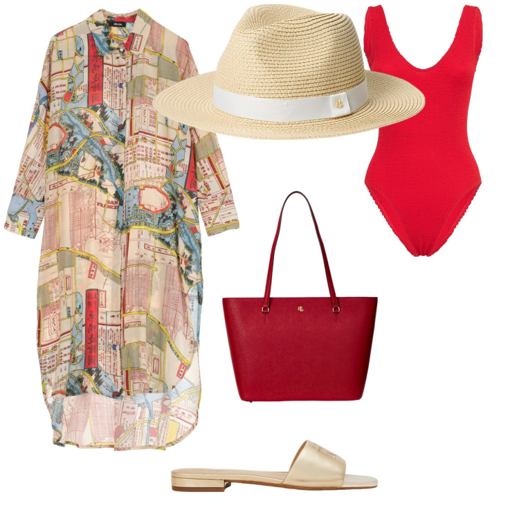 Outfit donna - Un pensiero al mare. per Mare. Abbinamento con borse tote, cappelli, ciabatte, vestiti chemisier, costumi interi.