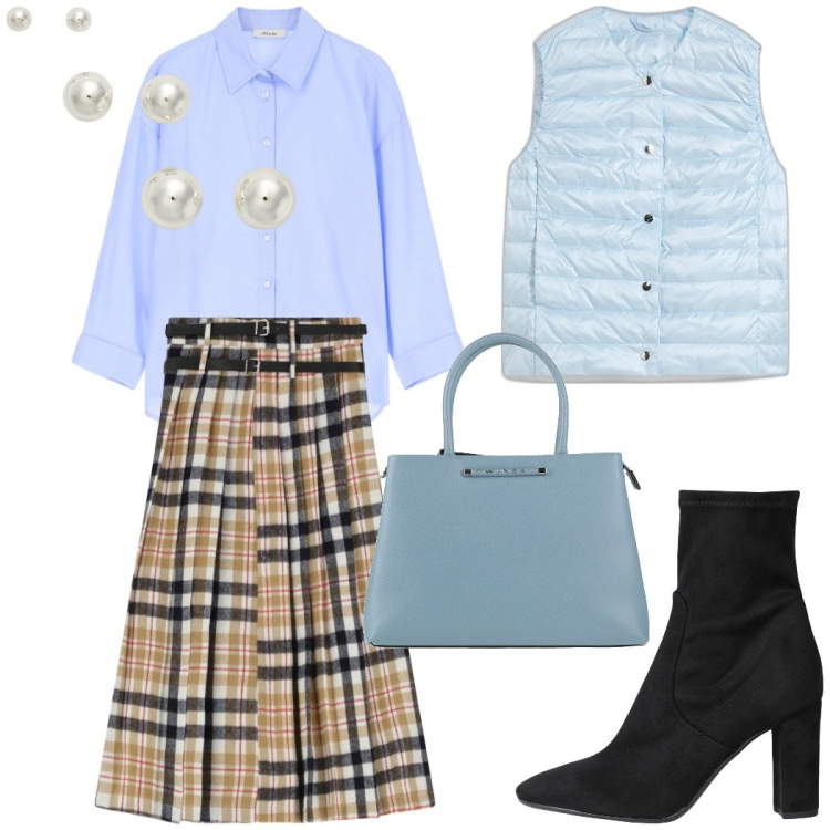 Outfit donna - In ufficio e fuori. Stile Casual chic per Ufficio. Abbinamento con gilet, stivaletti, borse a mano, camicie, gonne lunghe, orecchini.