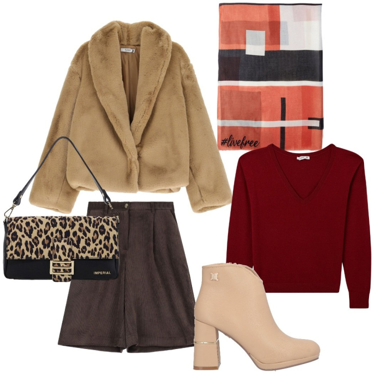 Outfit donna - Colazione con le amiche. Stile Glamour per Tutti i giorni. Abbinamento con stivaletti, maglieria, ecopellicce, borse a spalla, bermuda, sciarpe.