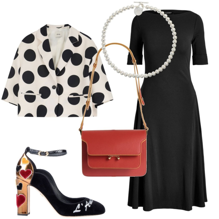 Outfit donna - Outfit originale. Stile Glamour per Serata fuori. Abbinamento con décolleté, borse a mano, blazer, collane, vestiti.