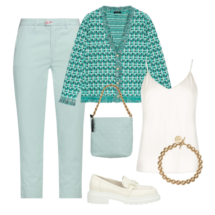 Outfit donna - Verde acqua. Stile Casual chic per Tutti i giorni. Abbinamento con pantaloni, borse a mano, mocassini, top, braccialetti, cardigans.
