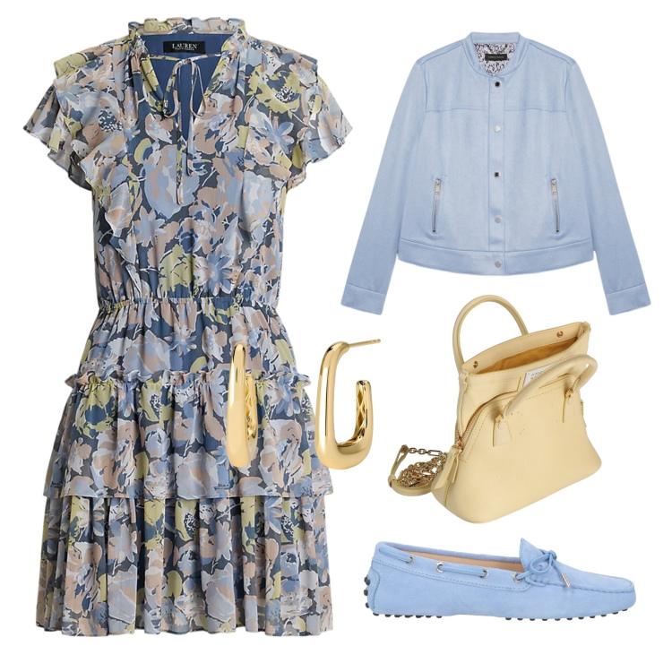 Outfit donna - L’abito a fiori pastello. Stile Bon Ton per Tutti i giorni. Abbinamento con borse a mano, mocassini, orecchini, vestiti, blazer.