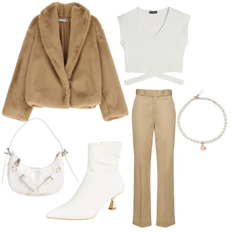 Outfit donna - Outfit semi-elegante. Stile Glamour per Serata fuori. Abbinamento con borse a mano, stivaletti, braccialetti, ecopellicce, t-shirt, pantaloni.