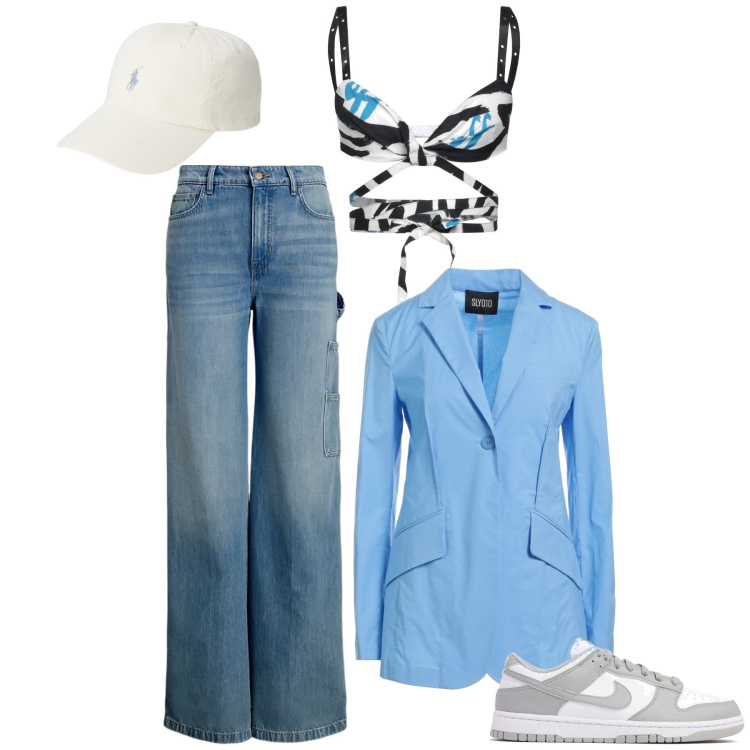 Outfit donna - Sportivo ma non troppo. Stile Casual chic per Tutti i giorni. Abbinamento con top, blazer, cappelli, jeans, sneakers.