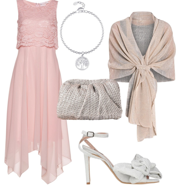 Outfit donna - Vestito asimmetrico. Stile Bon Ton per Cerimonia. Abbinamento con vestiti midi/longuette, sandali col tacco, braccialetti con ciondoli, stole, clutch.