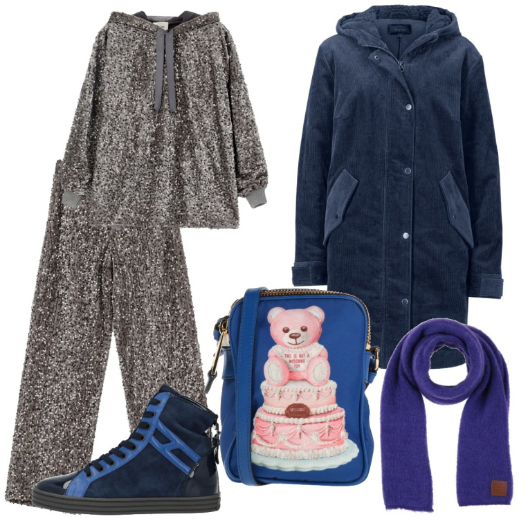 Outfit donna - Tempo Libero. Stile Sporty chic per Tutti i giorni. Abbinamento con parka, sneakers alte, sciarpe, borse a tracolla, felpe con cappuccio, pantaloni.