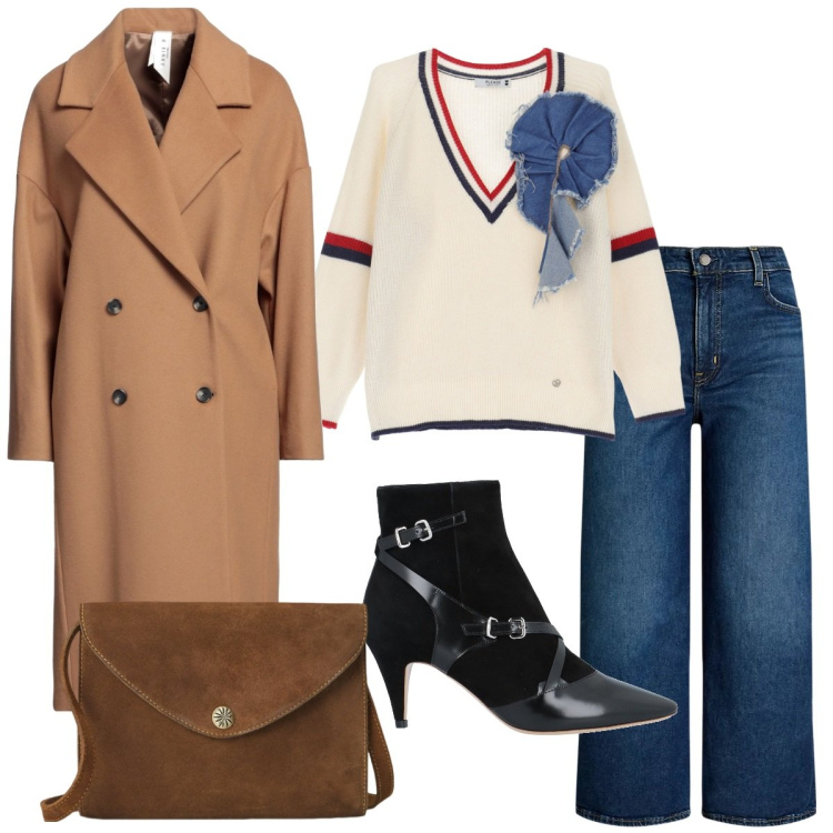 Outfit donna - Fiocco sul maglione. Stile Trendy per Tutti i giorni. Abbinamento con cappotti, stivaletti, maglieria, borse a tracolla, jeans.