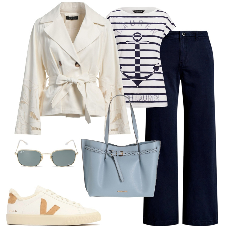 Outfit donna - A spasso. Stile Casual chic per Tutti i giorni. Abbinamento con blazer, borse a spalla, pantaloni, t-shirt, occhiali da sole, sneakers.