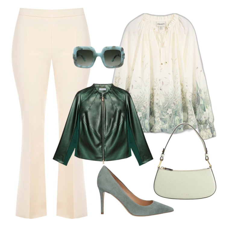 Outfit donna - Outfit Curvy romantico e femminile!!!. Stile Chic per Serata fuori. Abbinamento con bluse, décolleté, occhiali da sole, borse a mano, pantaloni a palazzo, blazer.