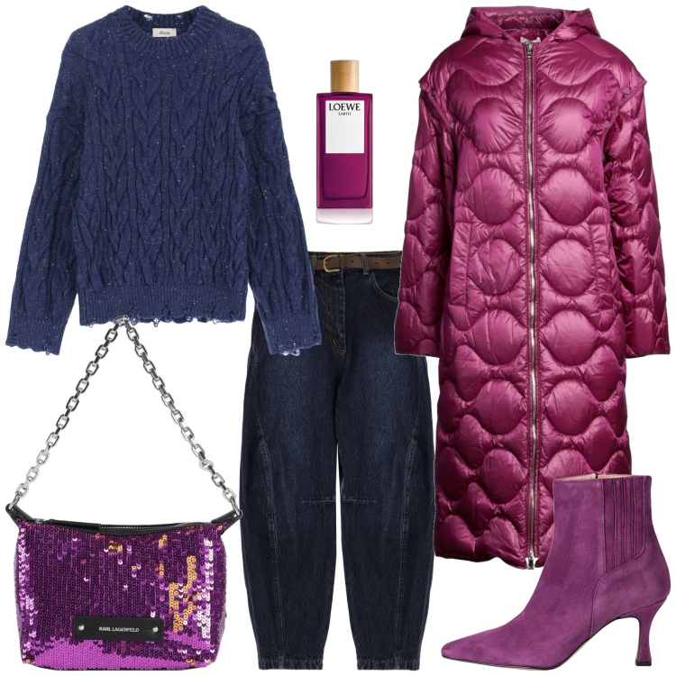 Outfit donna - Serata casual- chic. Stile Casual chic per Serata fuori. Abbinamento con borse a mano, stivaletti, piumini, profumi, jeans, maglieria.