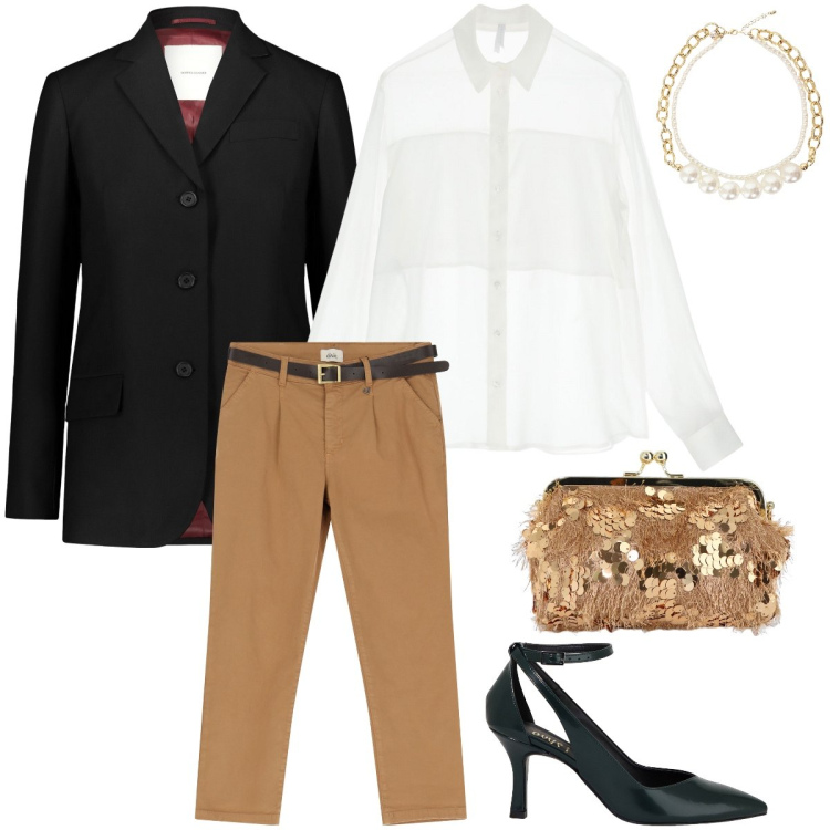 Outfit donna - Serata con le amiche. Stile Casual chic per Serata fuori. Abbinamento con camicie, pantaloni chino, décolleté, borse a spalla, collane, blazer.