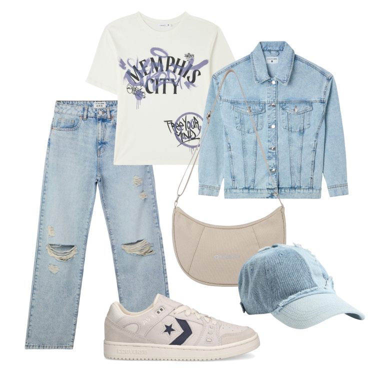 Outfit donna - Modalità teenager. Stile Casual per Tutti i giorni. Abbinamento con jeans strappati, t-shirt, cappelli, cappotti, borse a spalla, sneakers.