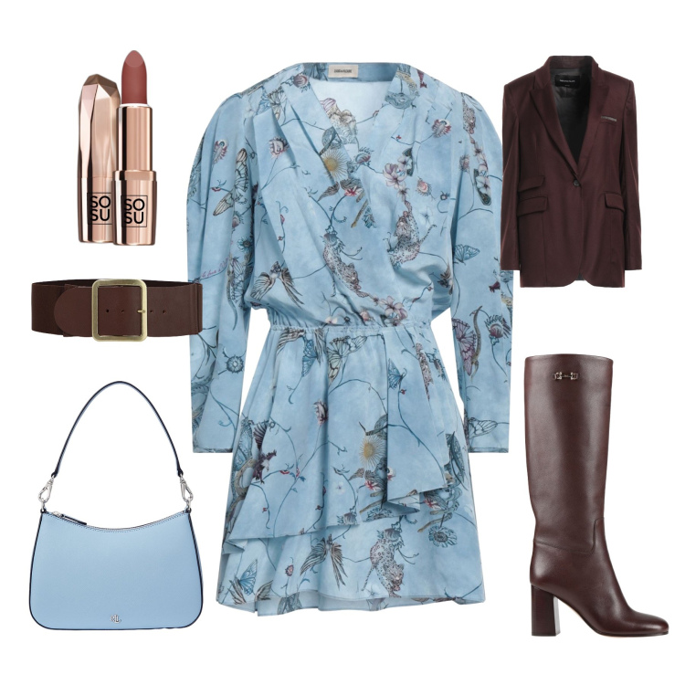 Outfit donna - Mini dress assimetrico. Stile Trendy per Tutti i giorni. Abbinamento con vestiti corti, stivali, blazer, rossetti, borse a spalla, cinture.