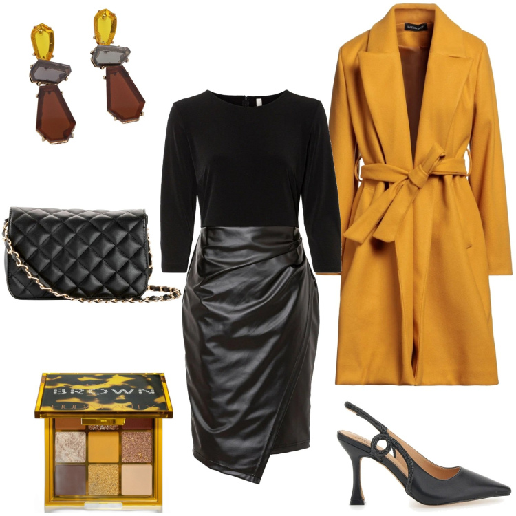 Outfit donna - Abito asimmetrico. Stile Chic per Serata fuori. Abbinamento con vestiti, borse a tracolla, cappotti, ombretti, orecchini, décolleté.