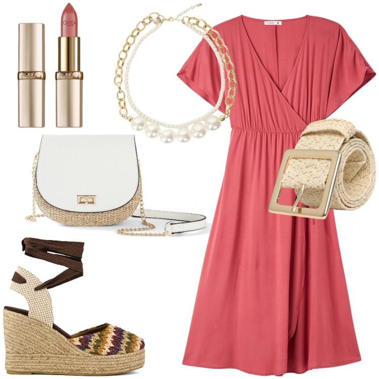 Outfit donna - Passeggiata sul lungomare. Stile Casual per Tutti i giorni. Abbinamento con borse a tracolla, rossetti, cinture, vestiti lunghi, collane, sandali col tacco.