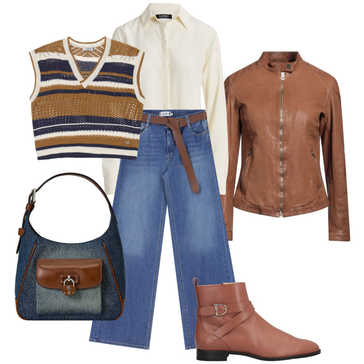 Outfit donna - Tempo incerto: layering in città. Stile Casual chic per Tutti i giorni. Abbinamento con blazer, stivaletti, jeans, maglieria, camicie, borse a tracolla.