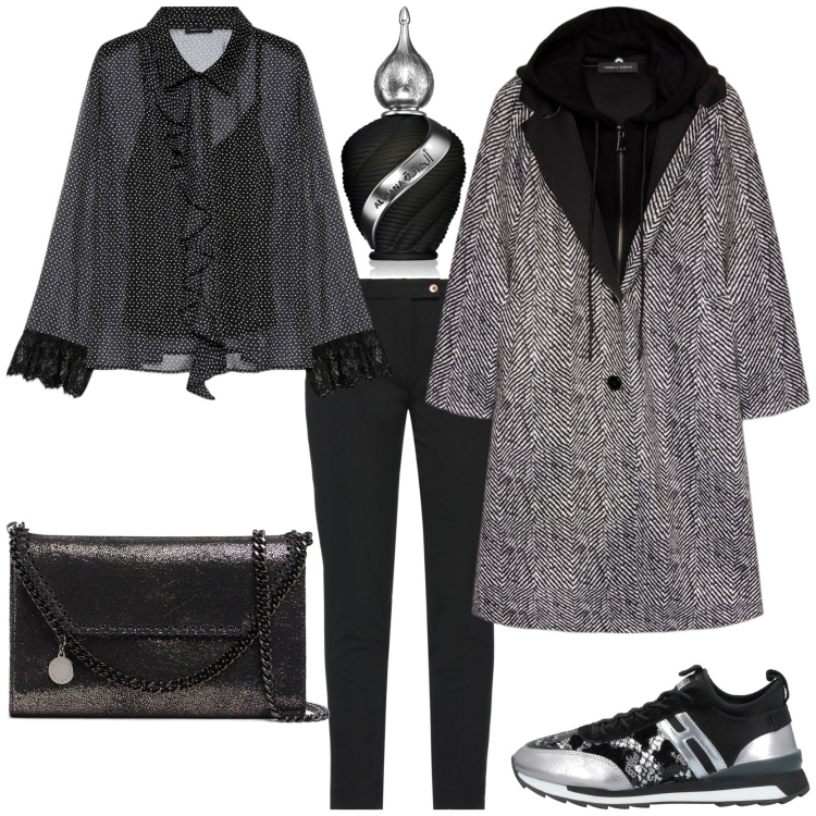 Outfit donna - Serata casual-chic curvy. Stile Casual chic per Serata fuori. Abbinamento con sneakers, pantaloni, profumi, camicie, cappotti, borse a tracolla.